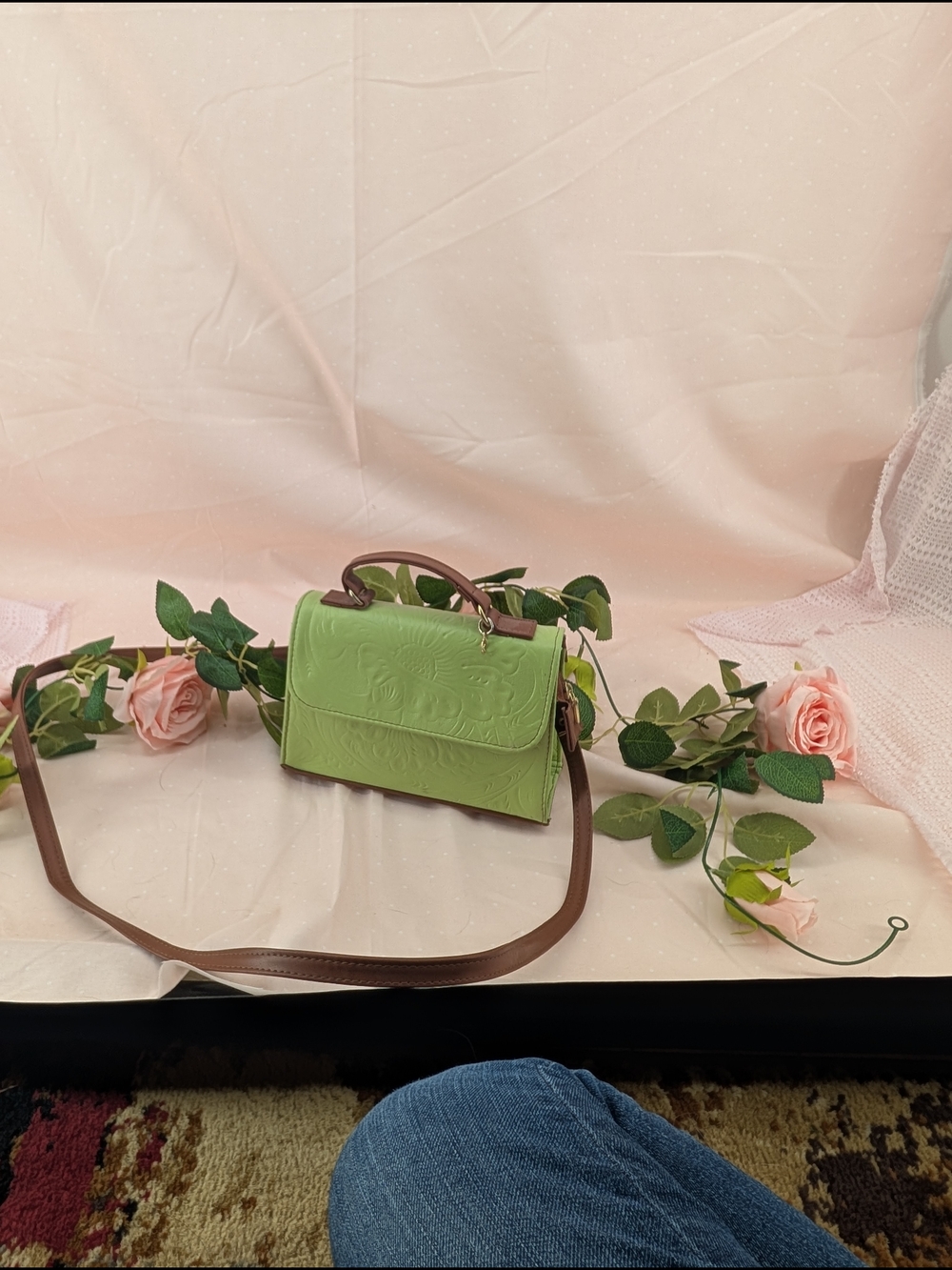 Green Embossed Leather Top-Handle Bag with Brown Strap